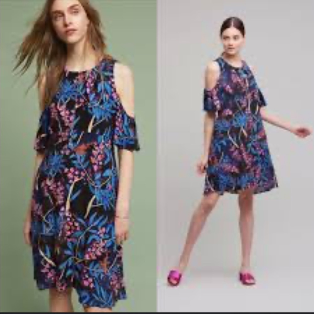 ANTHRO MAEVE ELIA NAVY MARINE MULTI COLD SHOULDER SHORT SLEEVE FLORAL DRESS 6